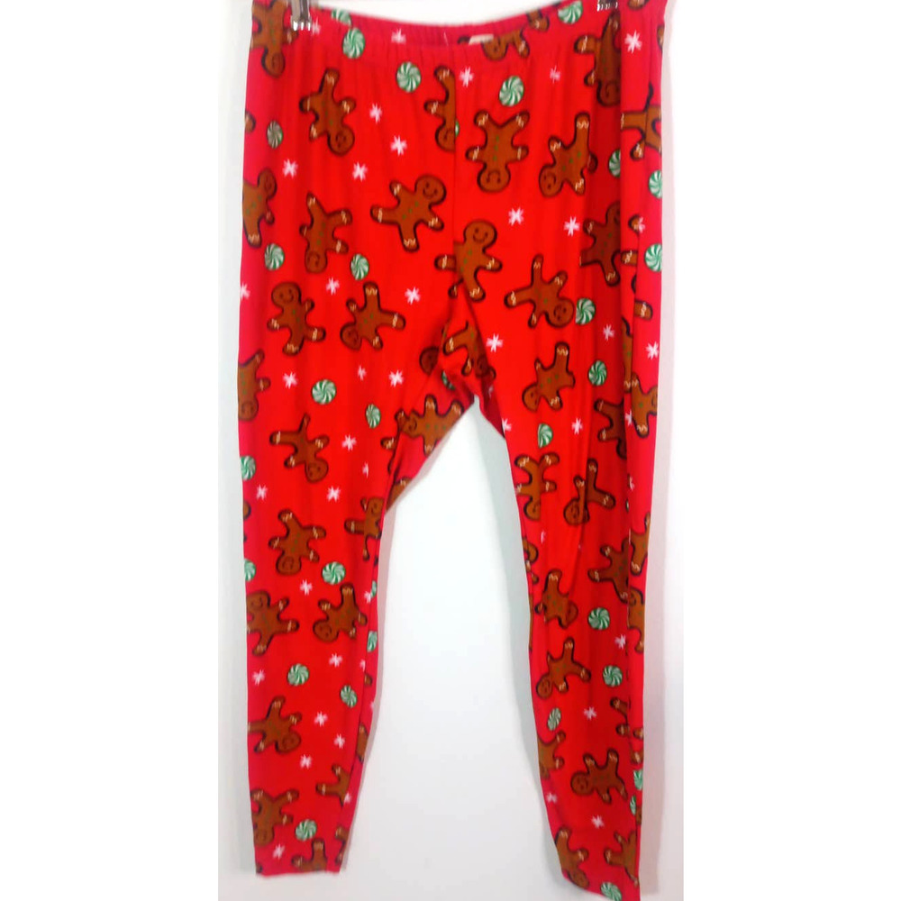 No Comment Women 2X Red Leggings Christmas Gingerbread Men Peppermint Holiday - Picture 1 of 6